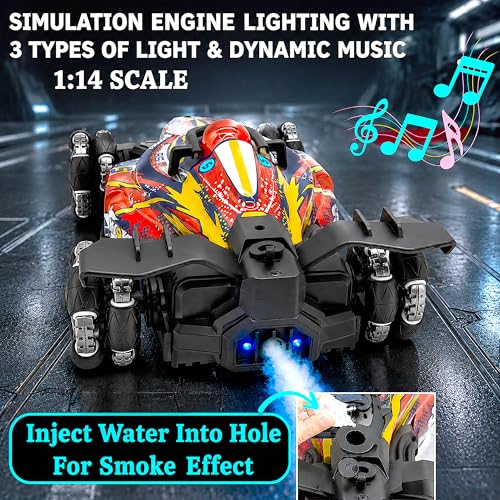 Image of VGRASSP Dual Control Big RiseX Drift Stunt Mist Car Toy for Kids with Lights, Music - Rechargeable 360 Rotating RC Smoke Car with 2.4GHz Remote Control and Gesture Wrist Controller - Multicolor