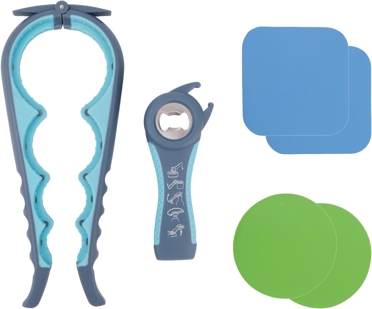 NQEUEPN 6pcs Jar Opener Set for Seniors & Weak Hands with Rubber Grip Pad | 5-in-1 Multifunctional Jar Lid And Bottle Opener Set with 4 Non-Slip Rubber Gripper Pads Kitchen Bottle Can Opener Tool