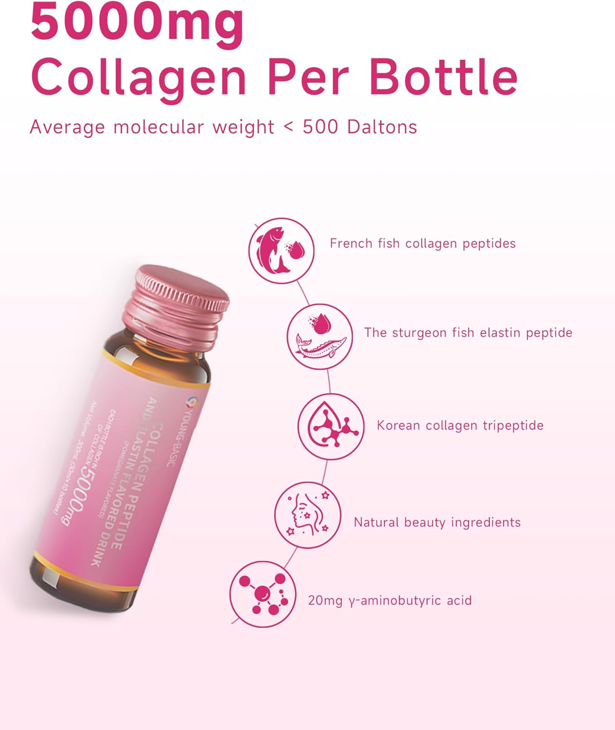 Ageless Beauty Marine Collagen Drink, 5,000mg Korean Collagen Tripeptide Liquid Collagen for women with French Hydrolyzed Collagen, Skipjack Elastin Peptide, Supports Skin, Less Wrinkles, 0 Additives