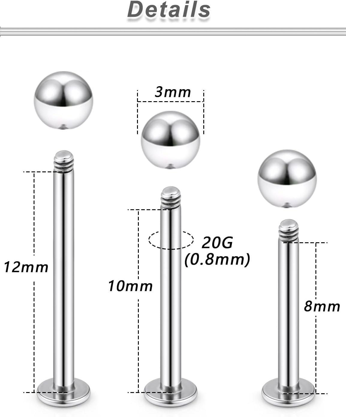 20G 18G 16G 14G 12G Lip Labret Medusa Monroe Rings Studs 316L Surgical Steel Flat Back Tragus Helix Cartilage Earring Stud Piercing Jewelry Bar Length 8mm 10mm 12mm Mix Color 18PCS