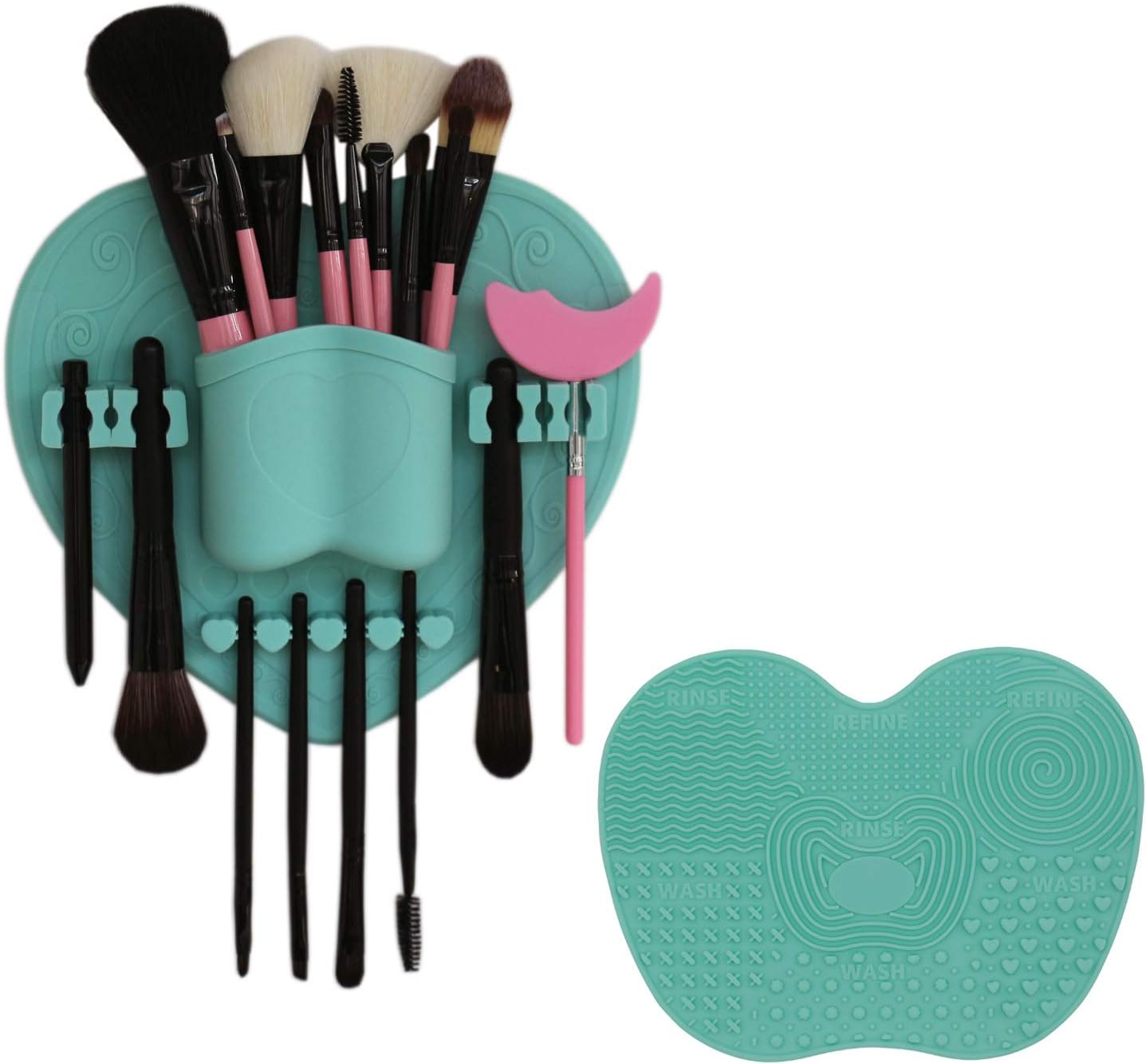 Silicone Makeup Brush Organizer + Makeup Brush Cleaning Mat - Brush Holder for Air Drying. Easy to Mount to Wall, Mirror, Dresser or Tile (Mint Green)