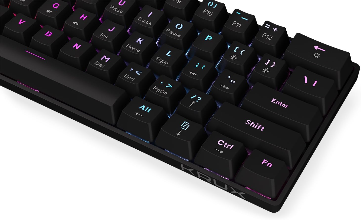 Close-up of the ENDORFY Krux Qara 60% keyboard keys showing RGB lighting