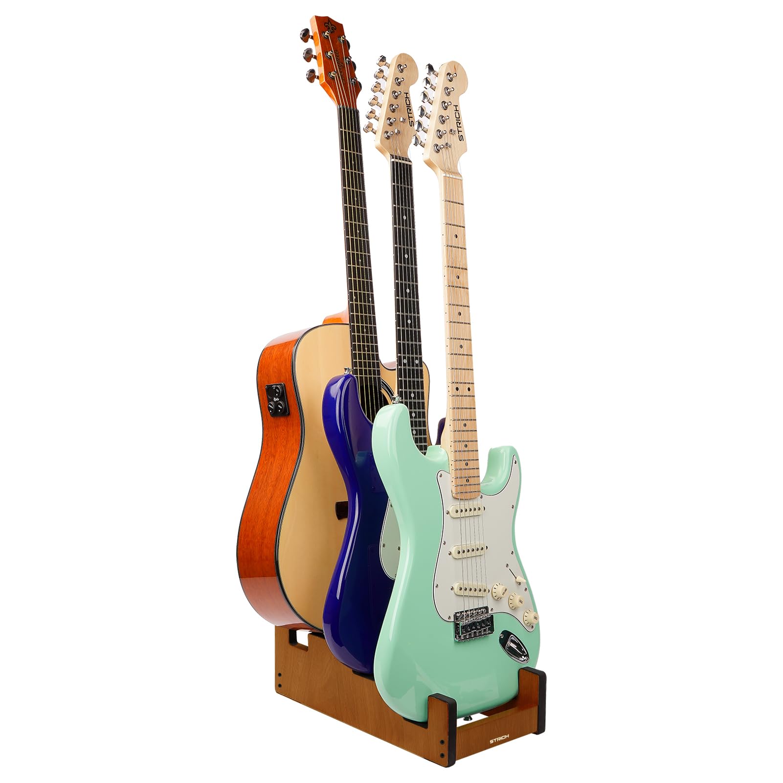 STRICH Wooden Guitar Stand for Multiple Guitars, 3-Holder, Front Display Space-Saving Floor Guitar Rack for Home, Studio, Stage, Mahogany Color, L-2E1AM (For 2 Electric+1 Acoustic)