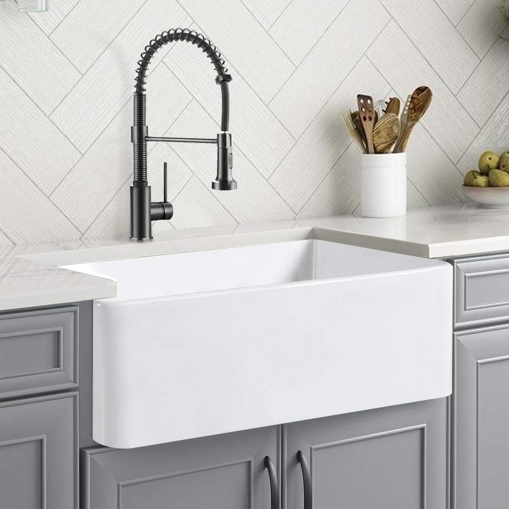 CELAENO 30 inch White Farmhouse Sink, Fireclay Porcelain Single Bowl Apron-Front Kitchen Sink, Reversible Ceramic Farm Sink with Strainer & Protective Bottom Grid