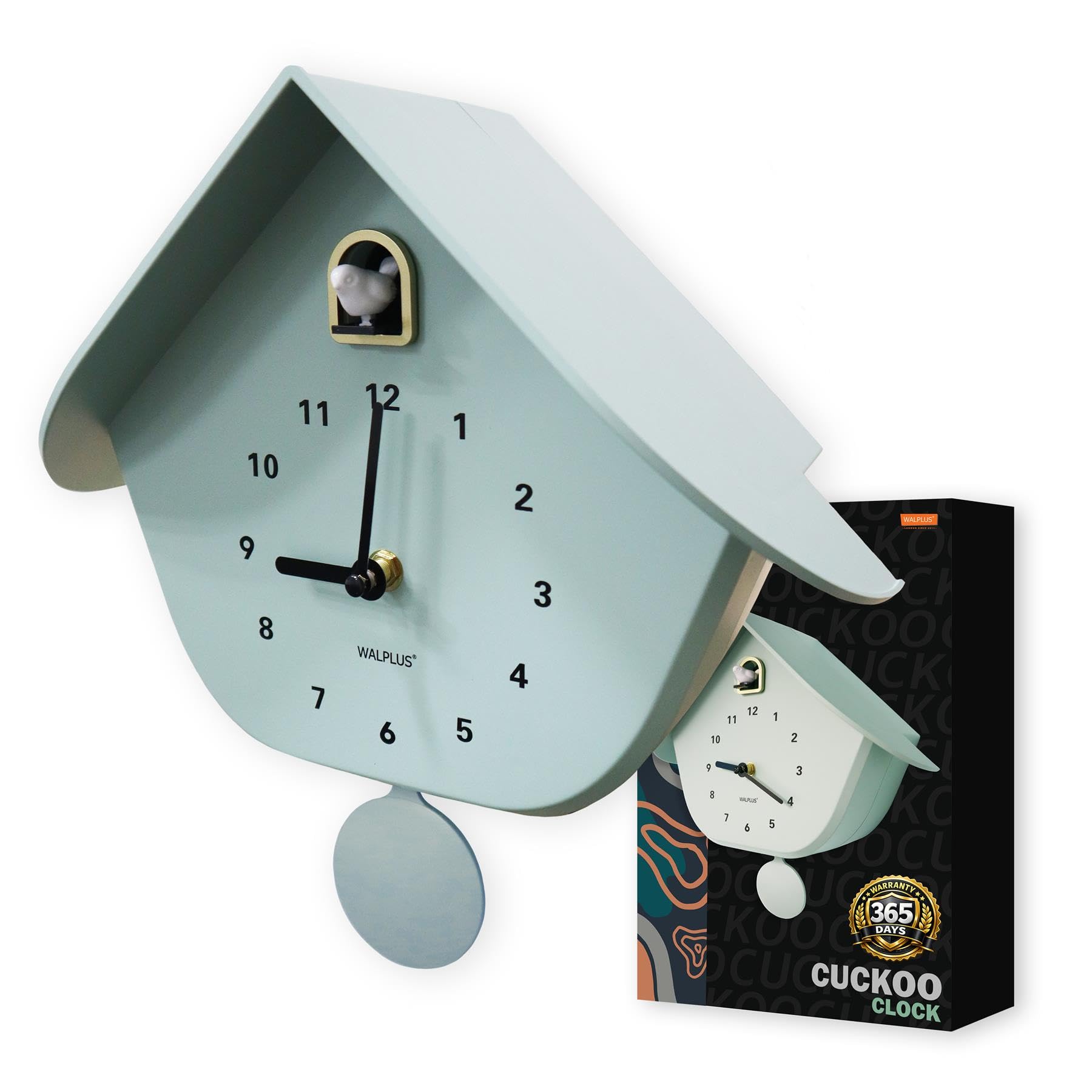 Walplus Minty Green Pastel Cuckoo Clock 32.5Cm With Removable Pendulum, Birdhouse Design, White Cuckoo Bird.