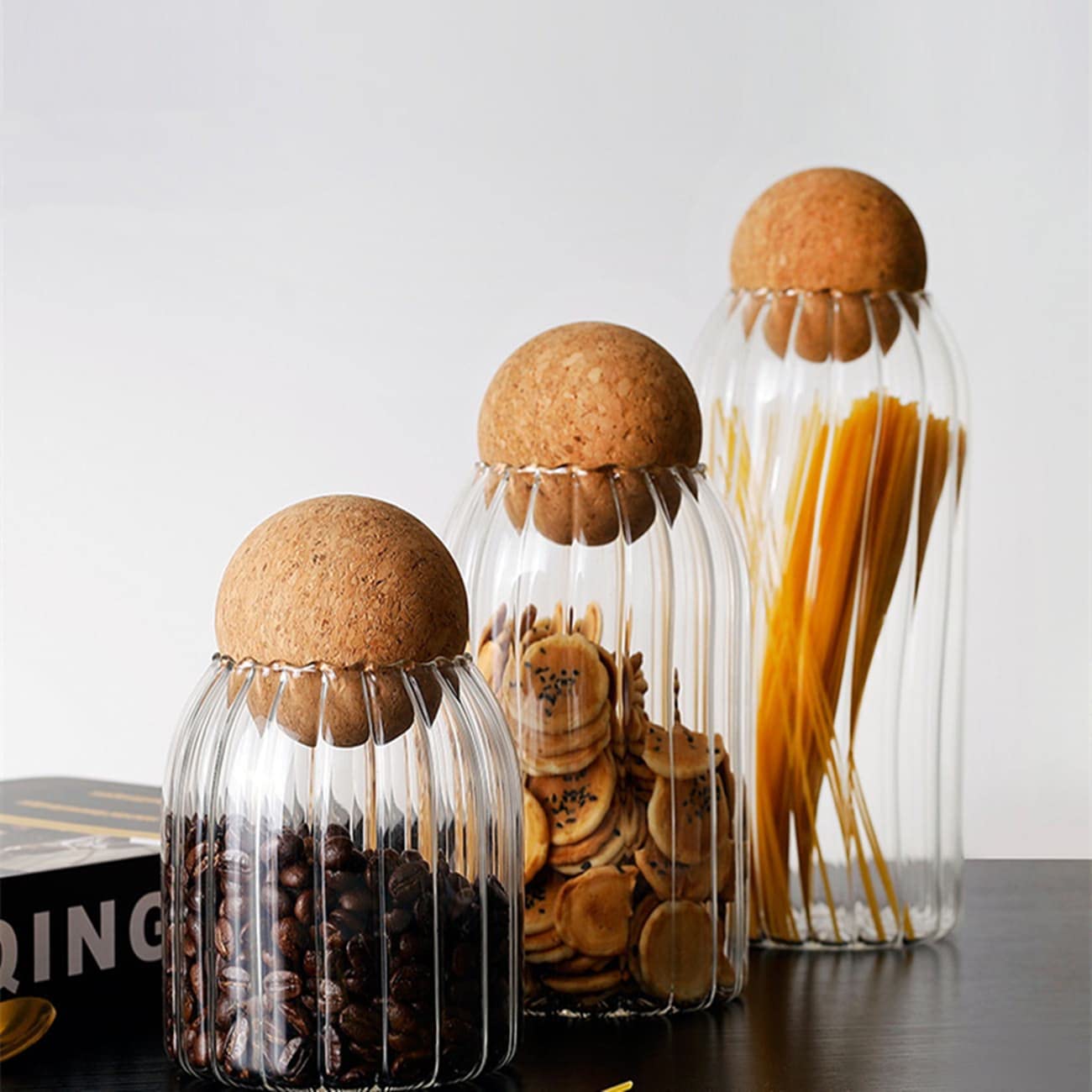 Eidoct Glasbehälter mit Holzdeckelkugel, verschiedene Größen, Klarglas, 4 Stück
