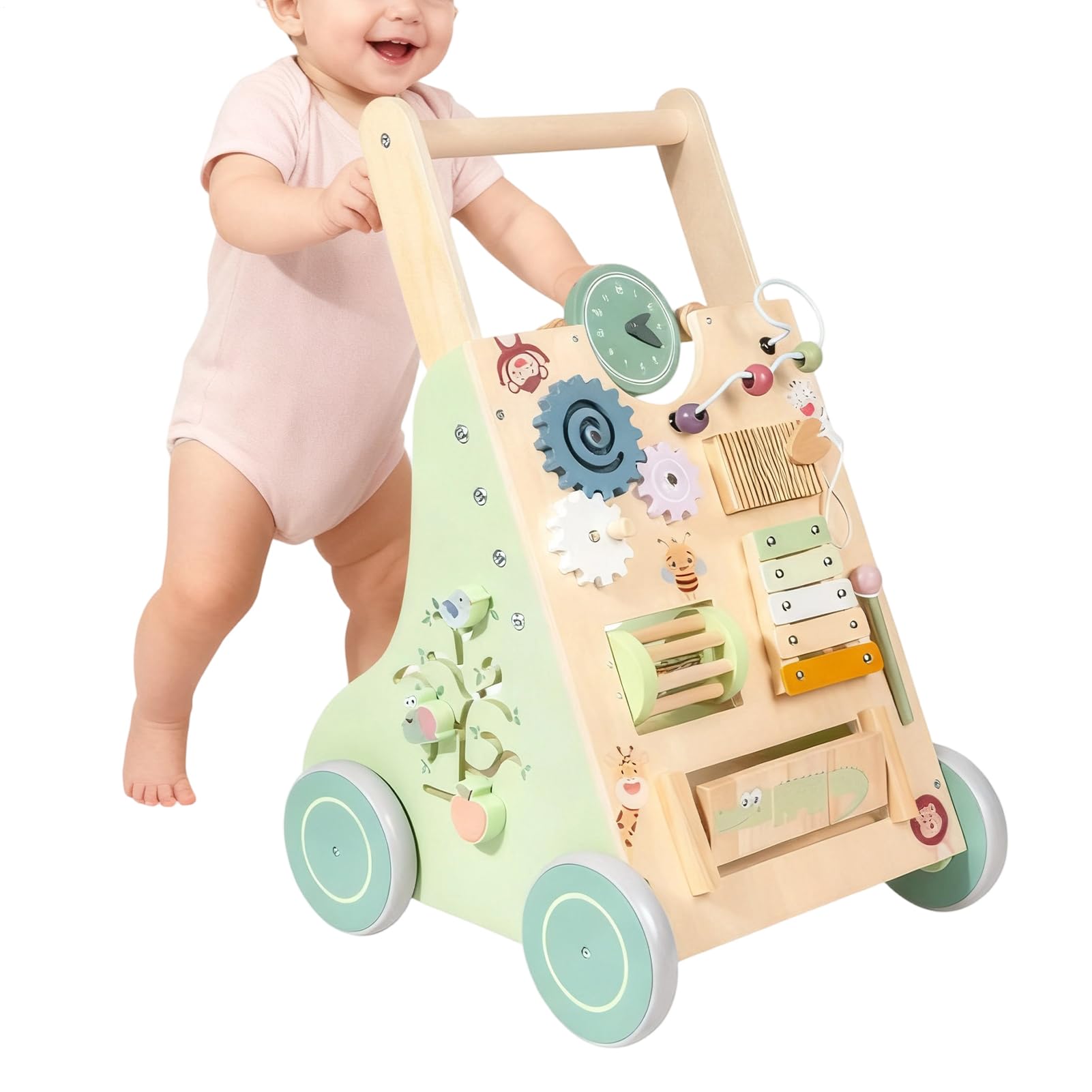Girello Bambini Spingi e Cammina Maniglia Regolabile Giocattolo Silenzioso | Spingitore in Legno per Bambini Per Bimbi Casa Interno Esterno Apprendimento Primi Passi