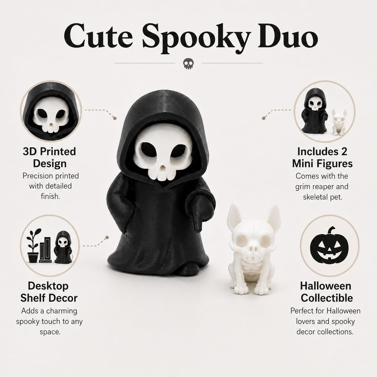 Halloween Grim Figurine with Skeleton Dog Companion, Cute Black Hooded Mini Skeleton Statue Set, Kawaii Spooky Decor, Tabletop Desk Display Ornaments