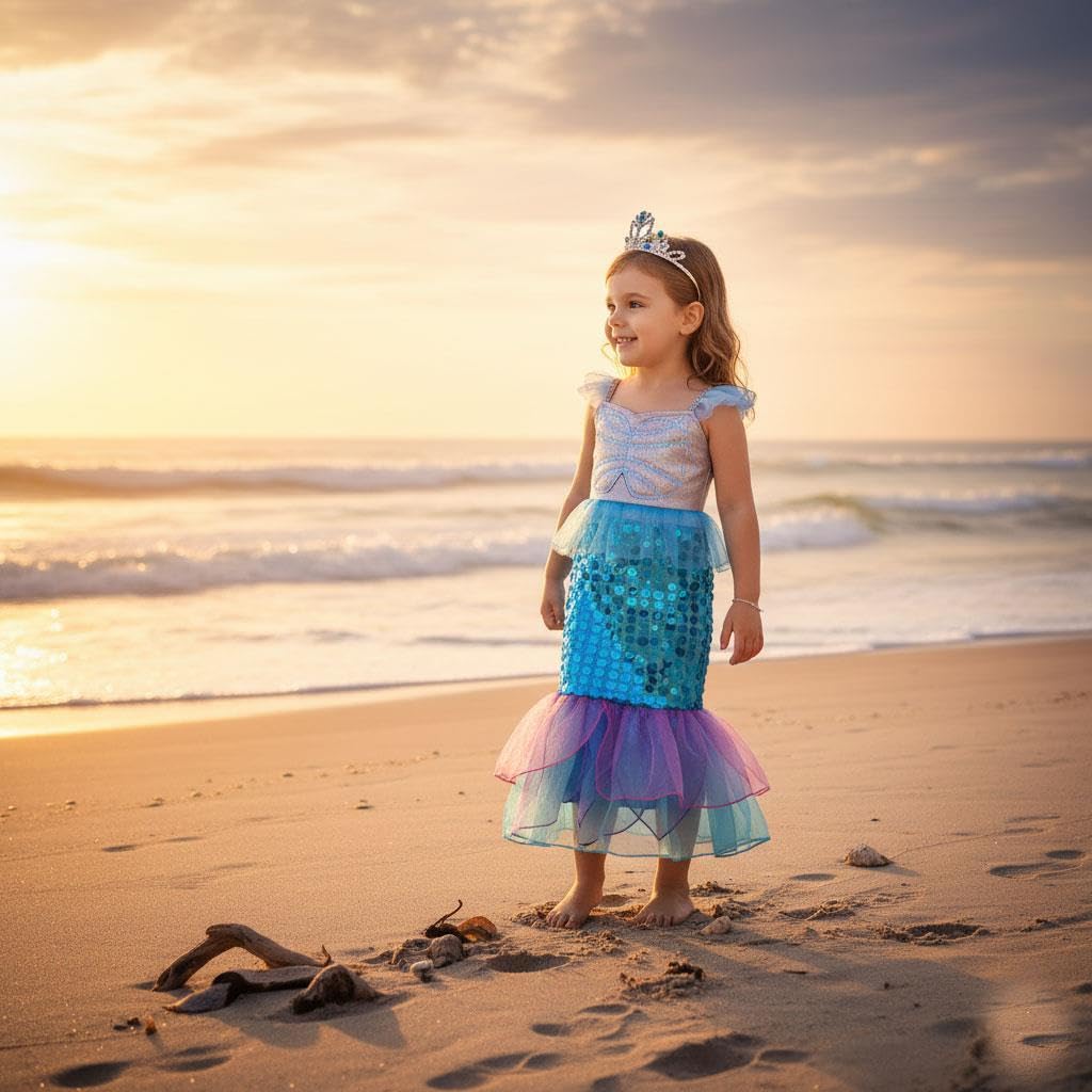 A2Z 4 Kids Meerjungfrau-Halloween-Kostüm für Mädchen, Kleid mit Krone, glitzerndes Pailletten-Design, Kostüm, Halloween, gruselig, Schulpartys, Cosplay, Event, Karneval, Kostüme, Größen 3 bis 14 Jahre