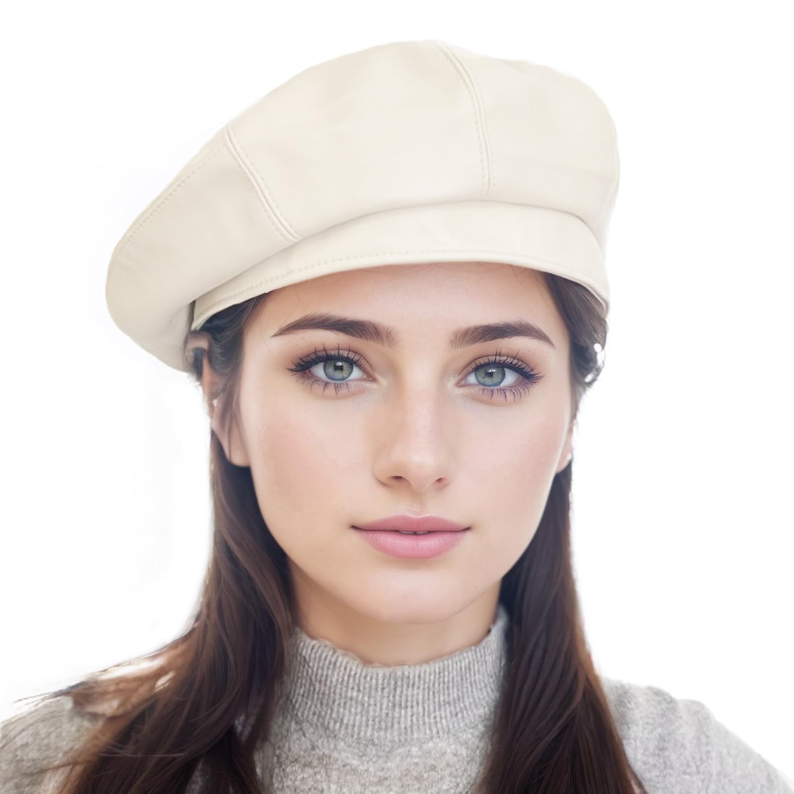 AICHUAN PU Leather French Beret Hat, 6 Panel Newsboy Cabbie Beanie Cap Cute Artist Painter Hat for Women Beige
