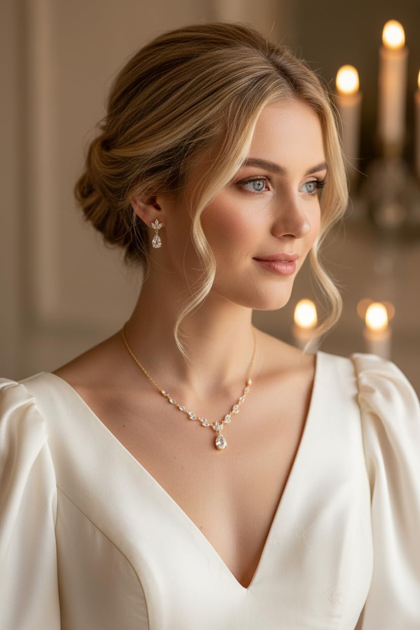 Brautschmuck Set Gold – Halskette 43–50 cm & Ohrringe mit AAA+ Zirkonia – Eleganter Hochzeitsschmuck Damen Tropfen Design