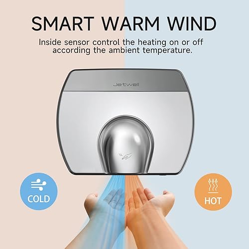 Miniatura 3 de JETWELL Elegante secador de manos comercial compacto, viento cálido automático de alta velocidad, cubierta de acero inoxidable con cableado,
