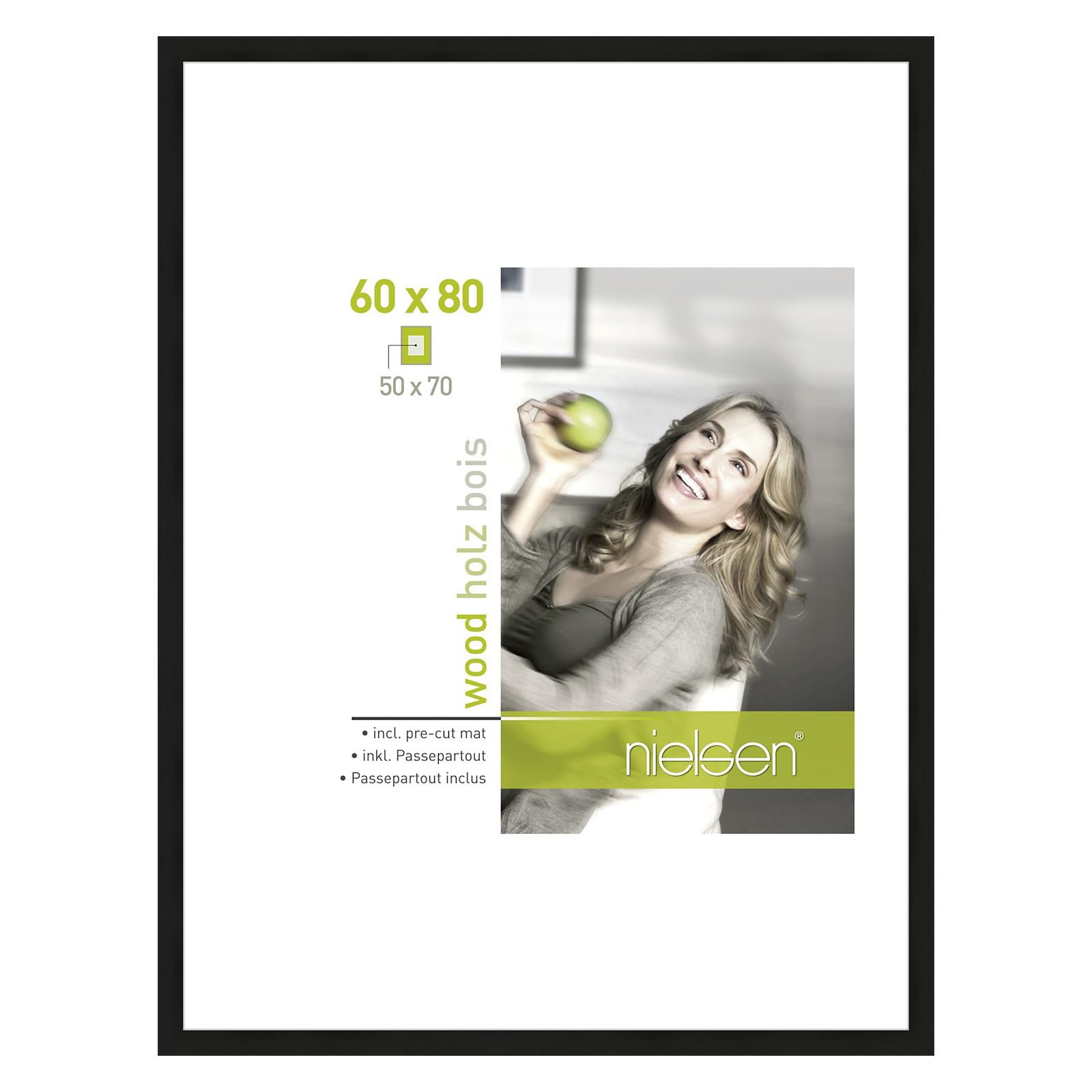 Accent By Nielsen Black Apollon Wooden Picture Frame - 60X80cm With White Mount For 50X70cm Picture - Float Glass And Easy Push And Turn Clips
