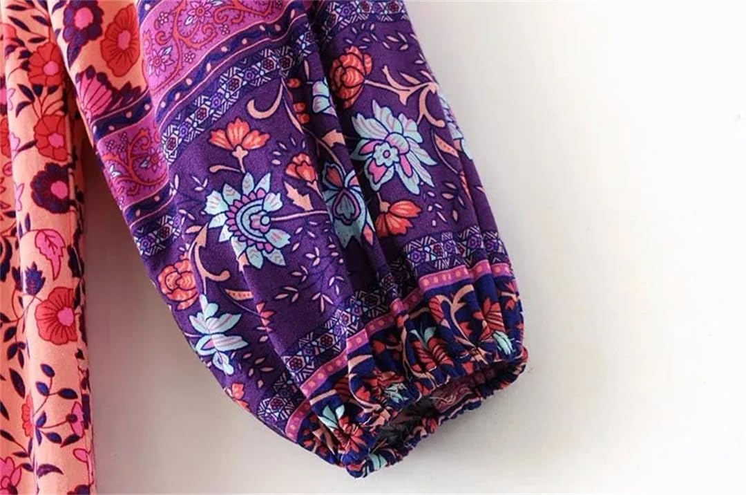 Vestido largo midi de rayón bohemio con estampado floral y cuello en V y manga larga con borlas para mujer