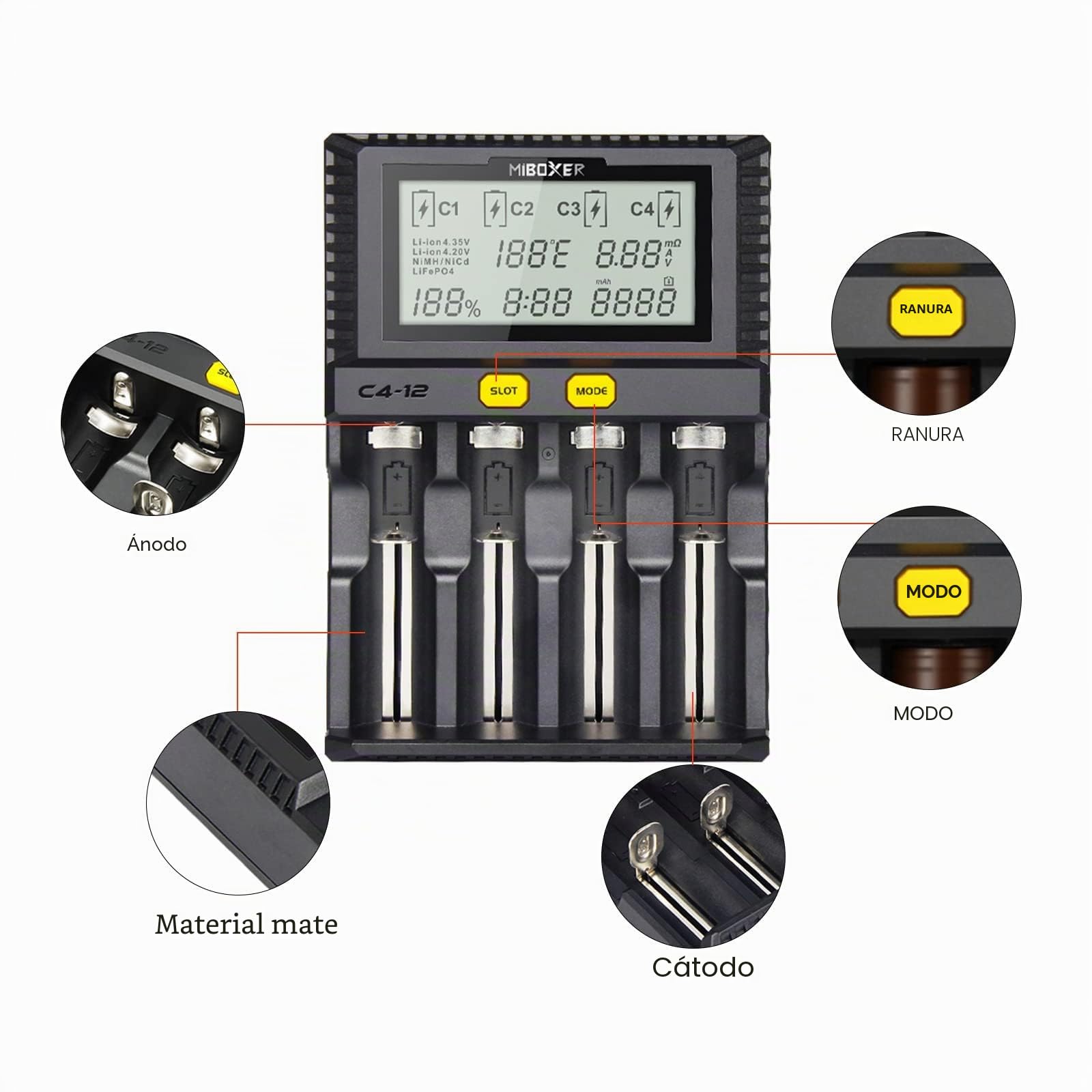 Cargador 18650 más rápido, AUKSKY 3A Cargador rápido de 4 ranuras Pantalla LCD Control de temperatura para pilas AAAAA D 26650 18490 18350 18500 RCR123 Li-ion/IMR/INR/ICR/Ni-MH/Ni-Cd