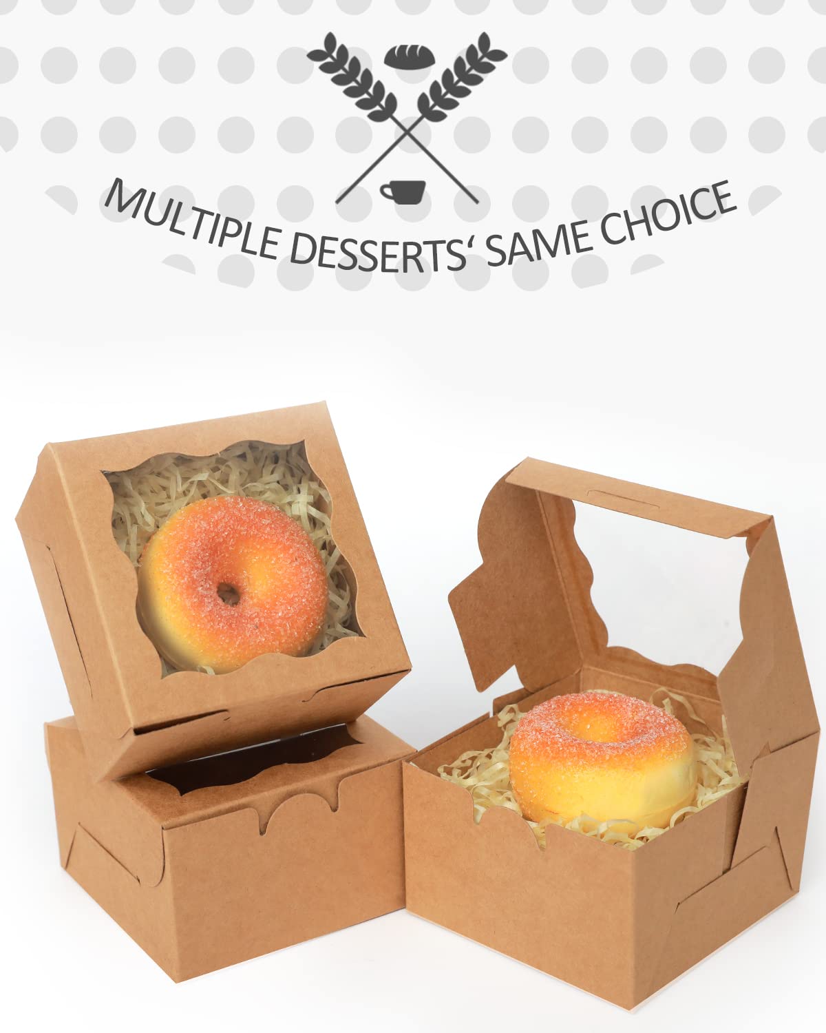 Caja de panadería con ventana, 100 unidades, color marrón de 4 x 4 x 2,5 pulgadas, cajas de macarrón, cajas de galletas (5 diferentes regalos incluidos)