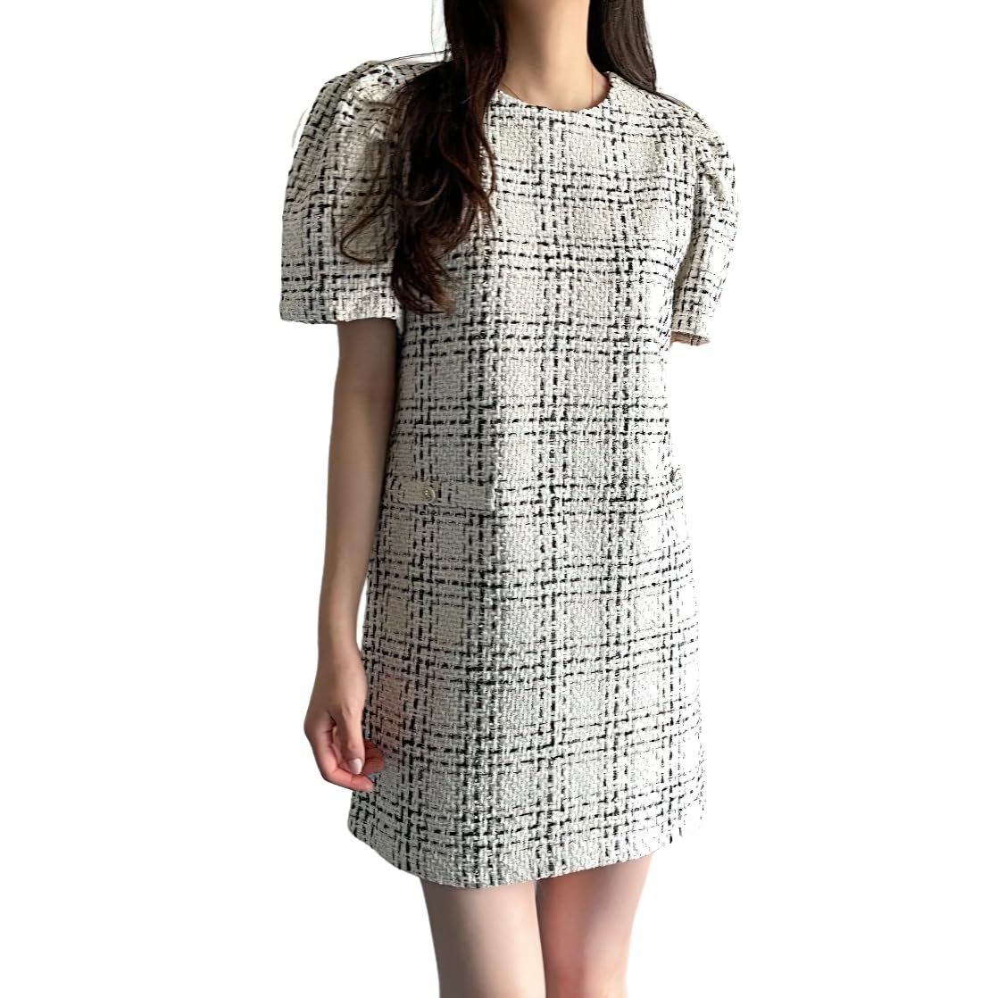 chouyatou Womens Tweed Mini Dress Short Sleeve Crew Neck Work Office Elegant Formal Summer A Line Dresses