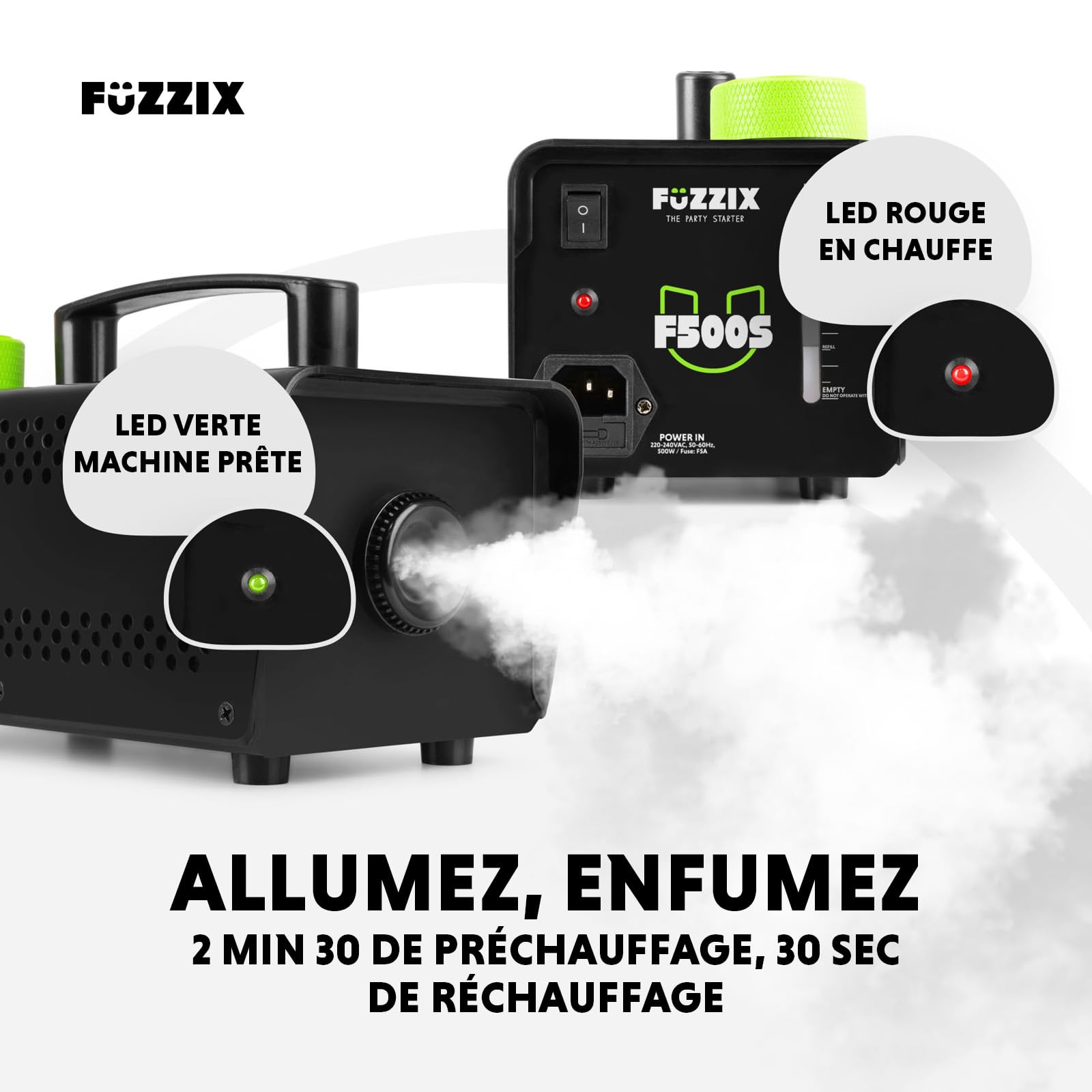 Fuzzix F500S - Pack Machine à Fumée 500 Watts avec 2 x Boules Disco RGB et 1L de Liquide à Fumée Standard - Un Pack tout-en-un Idéal pour les Soirées à la Maison, Fêtes d'Anniversaires