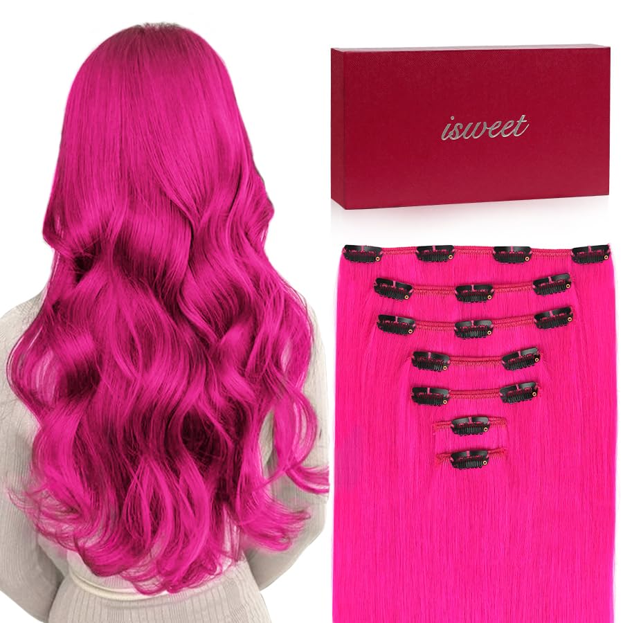 7Pcs Clip in Hair Extensions Real Human Hair 12 Inch 80g Hot Pink Soft Real Human Hair Extensions Clip ins Double Weft Hair Extensions Real Human Hair for Women
