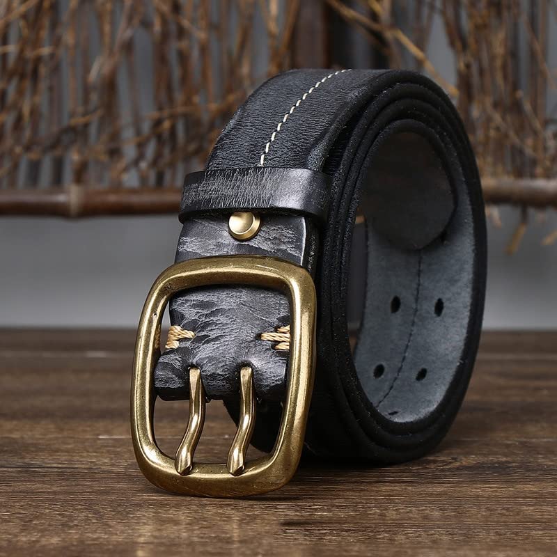 Men Belt Leather Brass Copper Double Needle Pin Buckle Thick