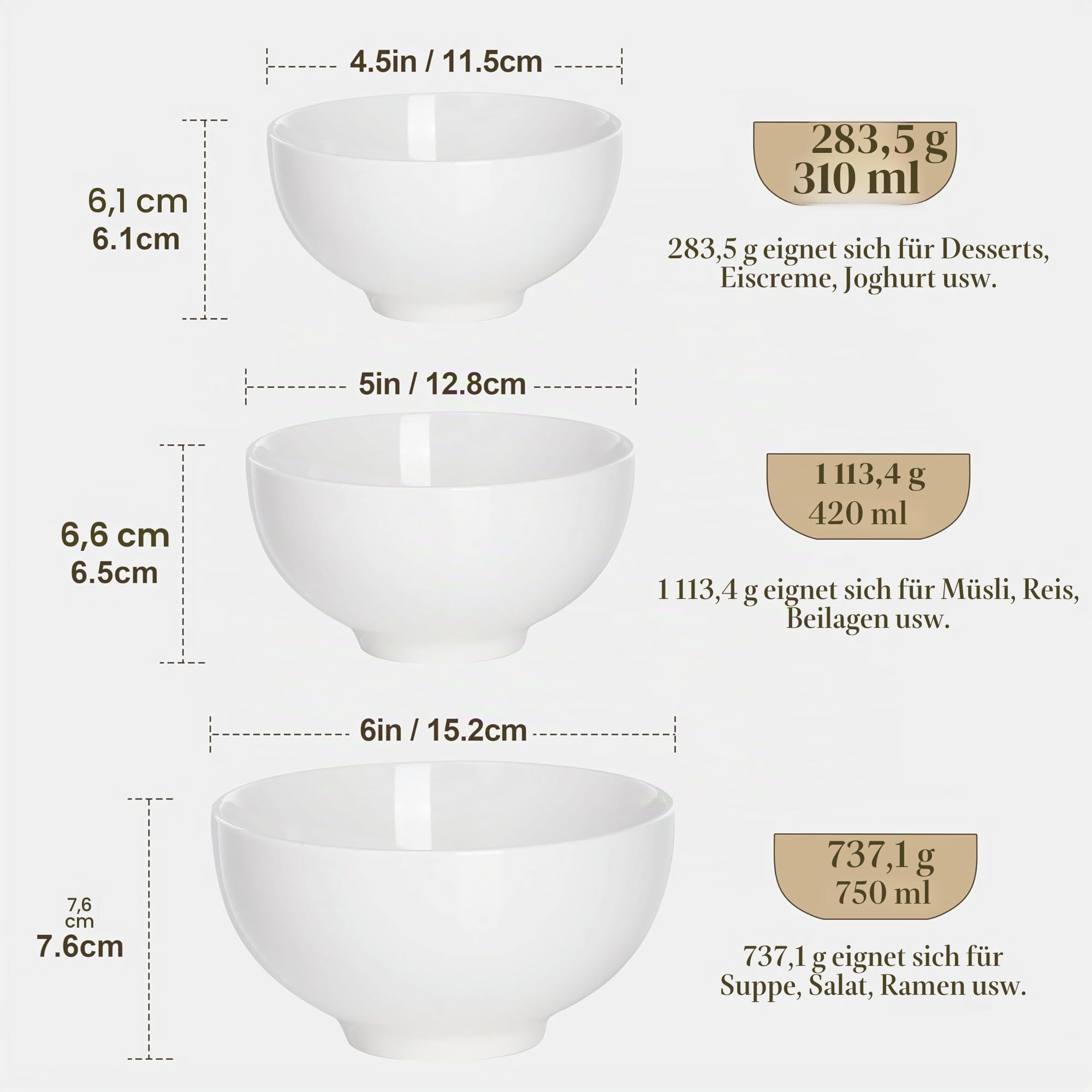 MALACASA 8er Müslischalen Porzellan Set, 420ml Suppenschüssel, Ø 12,8 cm | Mini-Suppenschüssel, Bowl Schüssel, Reisschale, Dessertschale für Salat, Suppen, Ramen und Obst, 12,8x12,8x6,5cm