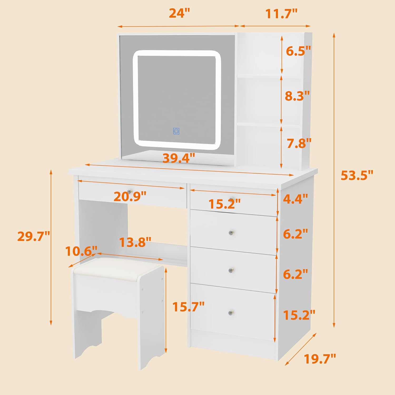 Timechee Vanity Mirror with Lights, Makeup Vanity with Chair, Make up Desk Table with Storage Drawers, Large Shelves, LED Light and Stool for Bedroom, Dressing Room, White