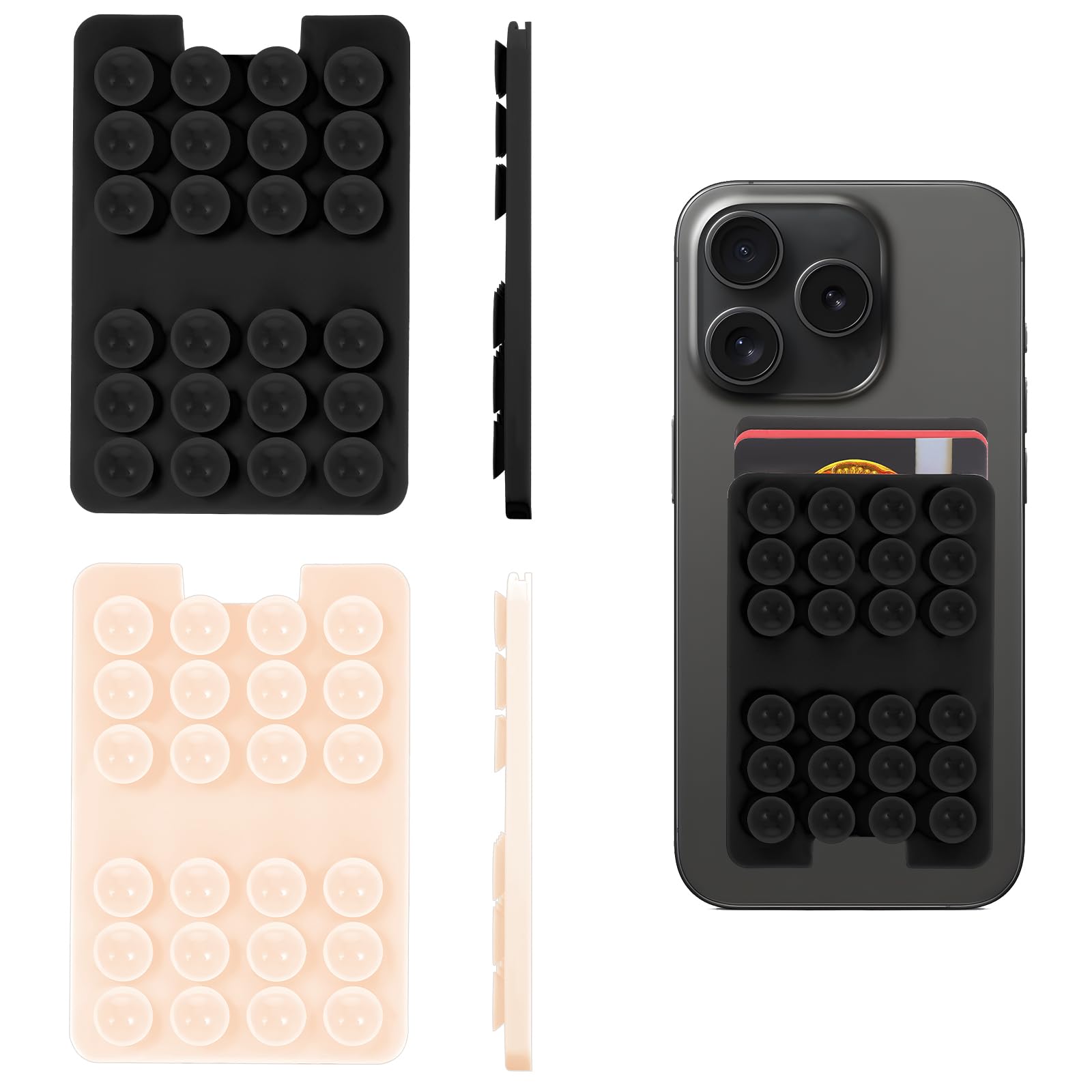 2 PCS Self Adhesive Suction Phone Grip Multi-Purpose Silicone Phone Pocket Suction Cup Case Wallet Strong Hold for Mobile Devices(Black, Clear)