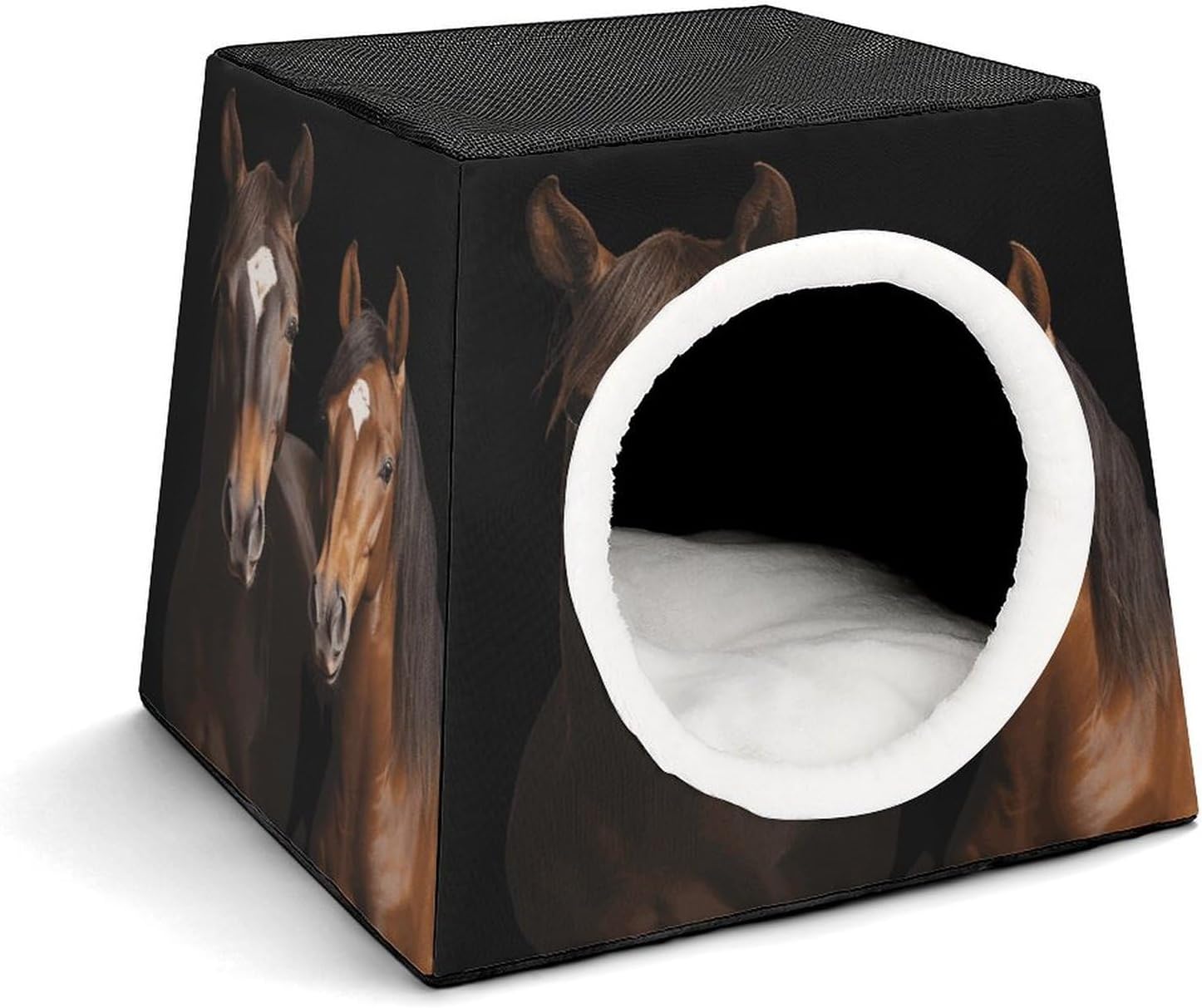 Pet Sleeping Nest Bed, Two Horses Standing on Black Background Printed Dog House Cat Nest, Winter Pet House are Suitable for Most Cats, Dogs, and Other Small Pets
