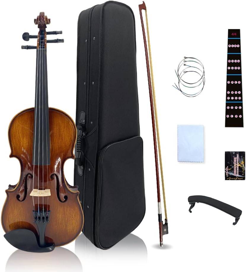 3/4 Violin Set for Beginners Handmade Acoustic Violins Set Fiddle Kit with Shoulder Rest Bow Bridge Hard Case and Extra 4strings