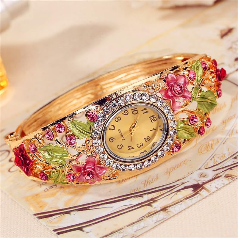 Women Ladies 5 Pcs Wholesale Watch Elegant Bangle Bracelet Crystal Round Dial with Flower Wrist Watch - Image 9
