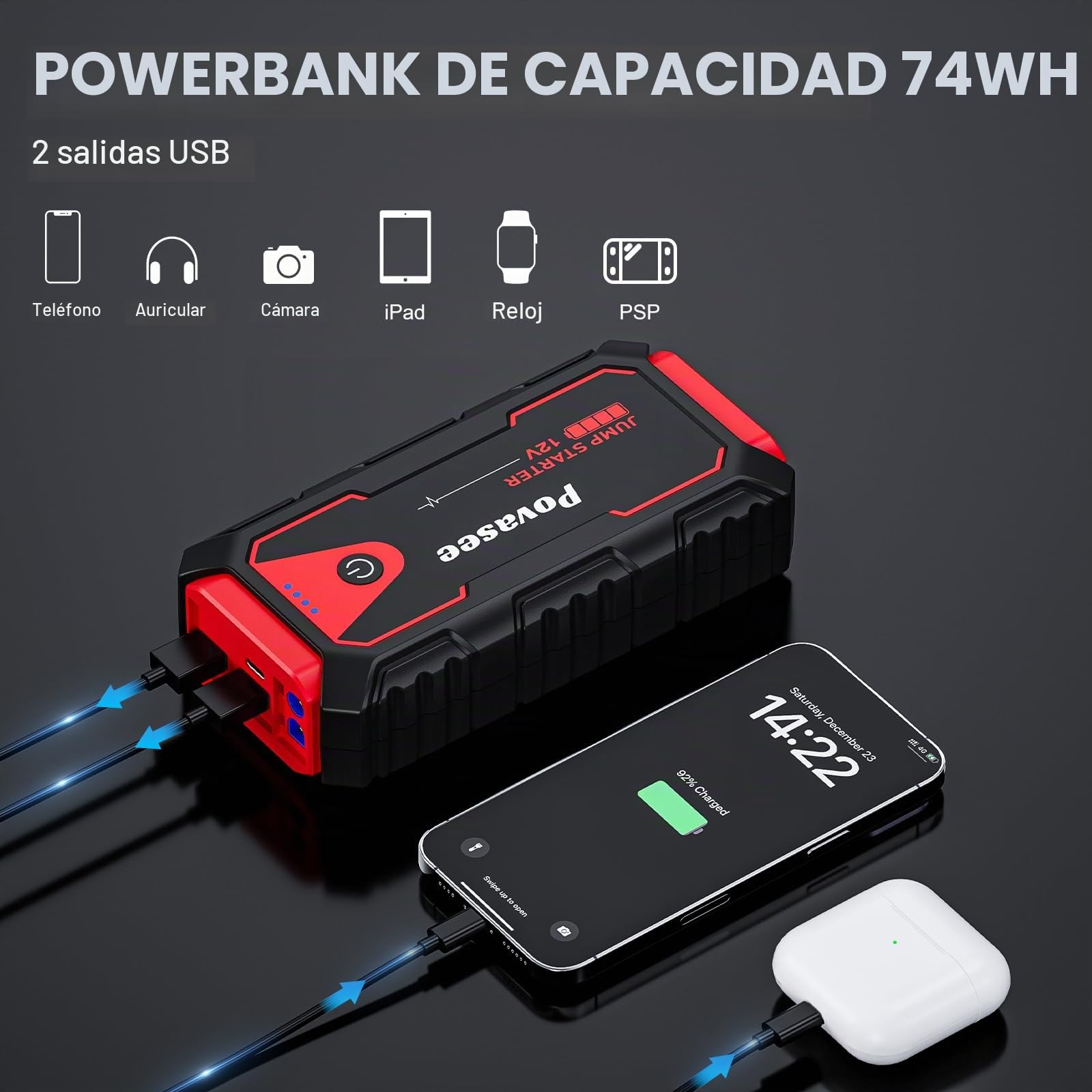 Povasee Arrancador de Baterias de Coche, 5000A Arrancador de Coches para Vehículo 12V (hasta 10L Gas/8L Diésel), Booster Arrancador con LED y 2 Salidas USB, Arrancador Bateria con Cables de Salto