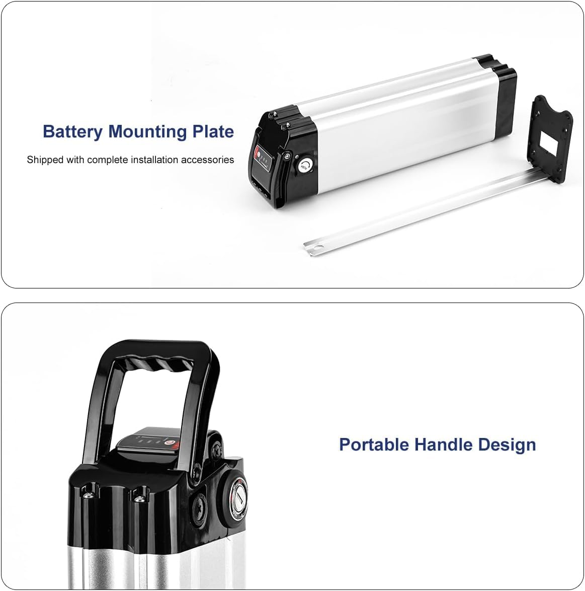 Batteria al Litio Impermeabile Argento per Bici Elettrica 36V / 20Ah 15Ah 10Ah, Batteria Ebike Removibile con Caricabatterie (2Pin,36V 15Ah)