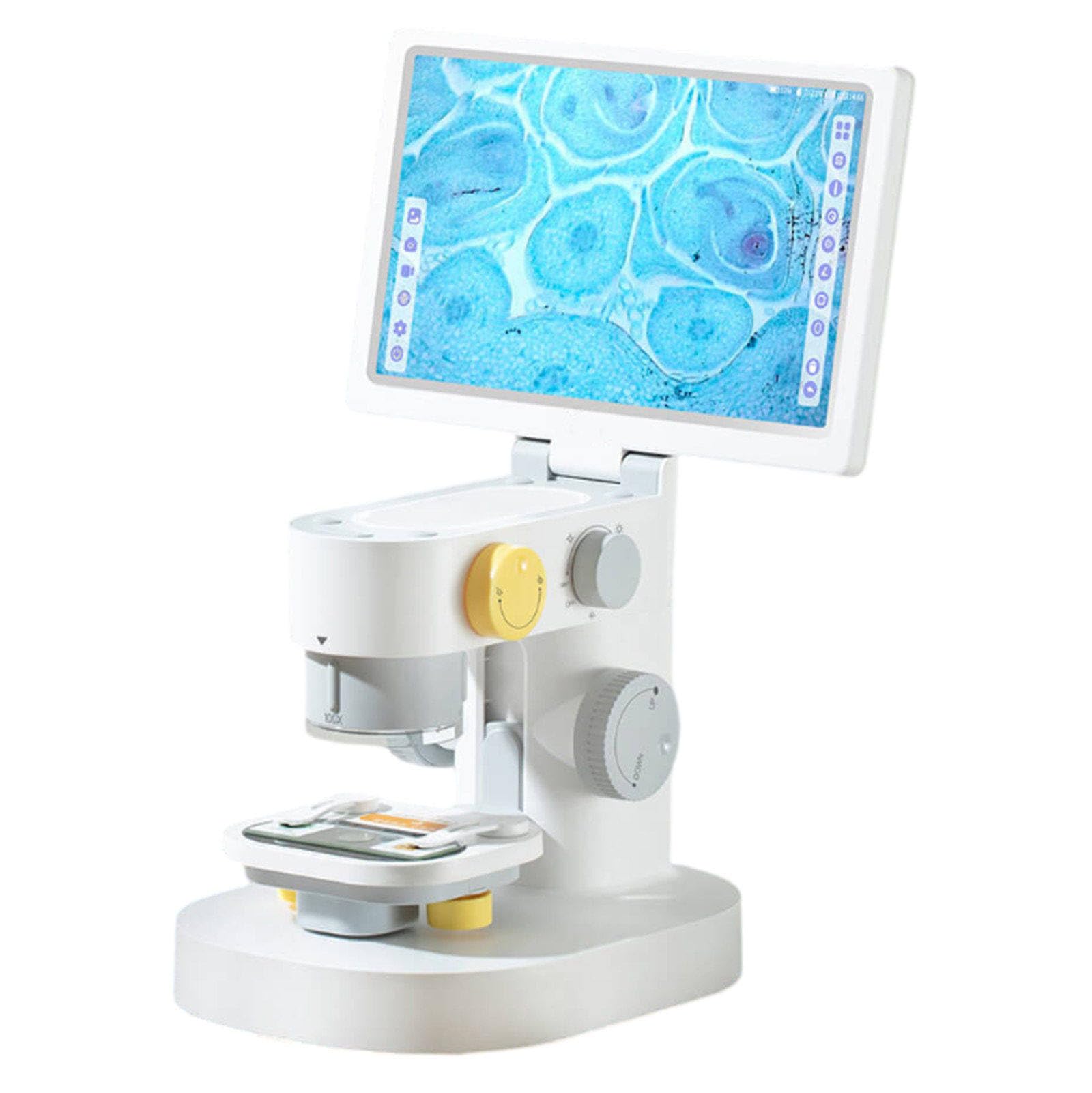 Microscopio biologico con schermo multi-touch da 9 pollici, doppia sorgente luminosa a LED e 3 set di obiettivi per connessione multi-dispositivo