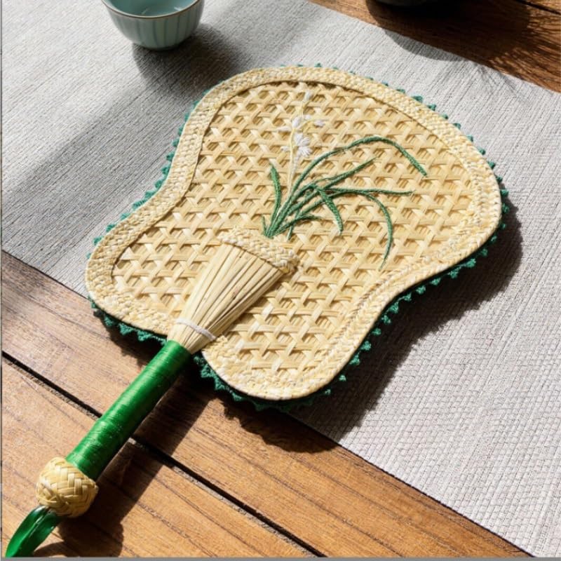 Natural Woven Hand Fan with Orchid Embroidery Portable Handheld for Cooling Traditional Handle