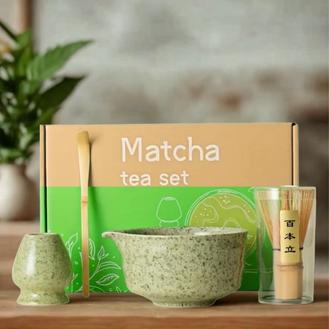 Skinkura Ceramiczny zestaw Matcha – Chawan Miska, bambusowa trzepaczka i łyżka, uchwyt na trzepaczkę, kompletne narzędzia do japońskiej ceremonii herbaty Matcha, najwyższa jakość