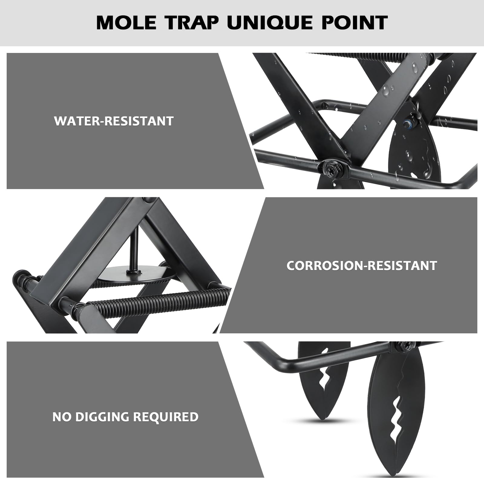 Trappola per talpe, riutilizzabile, con forbici veloci, per tutte le condizioni atmosferiche, antiruggine, potente deterrente per talpe con elegante finitura in ferro nero, set semplice per proteggere