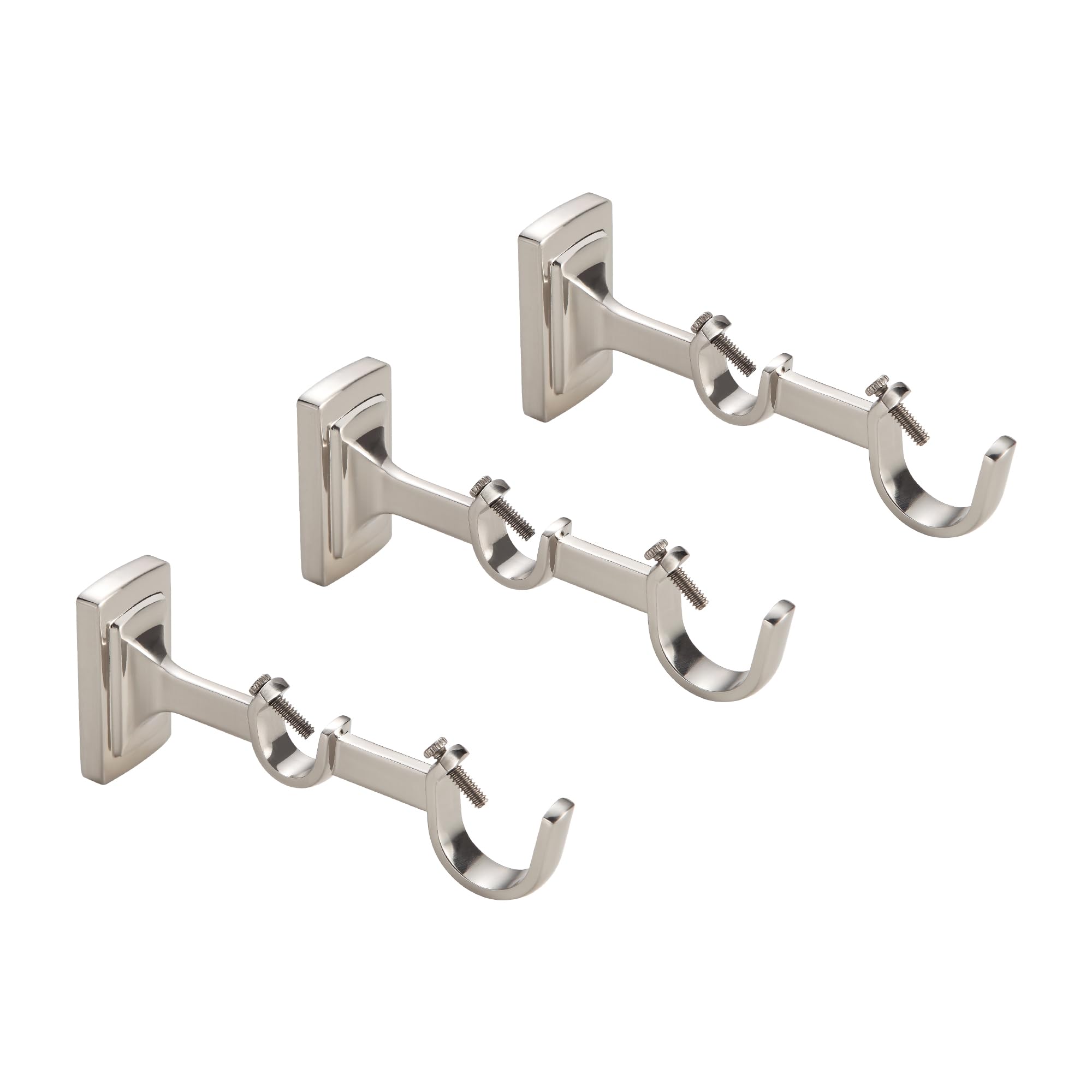 Set of 3, Hardware Curtain Rod Brackets for 3/4" or 1" Rods, Brushed Nickel Wall Curtain Rod Hooks, Adjustable Double Bracket Curtain Rod Holder