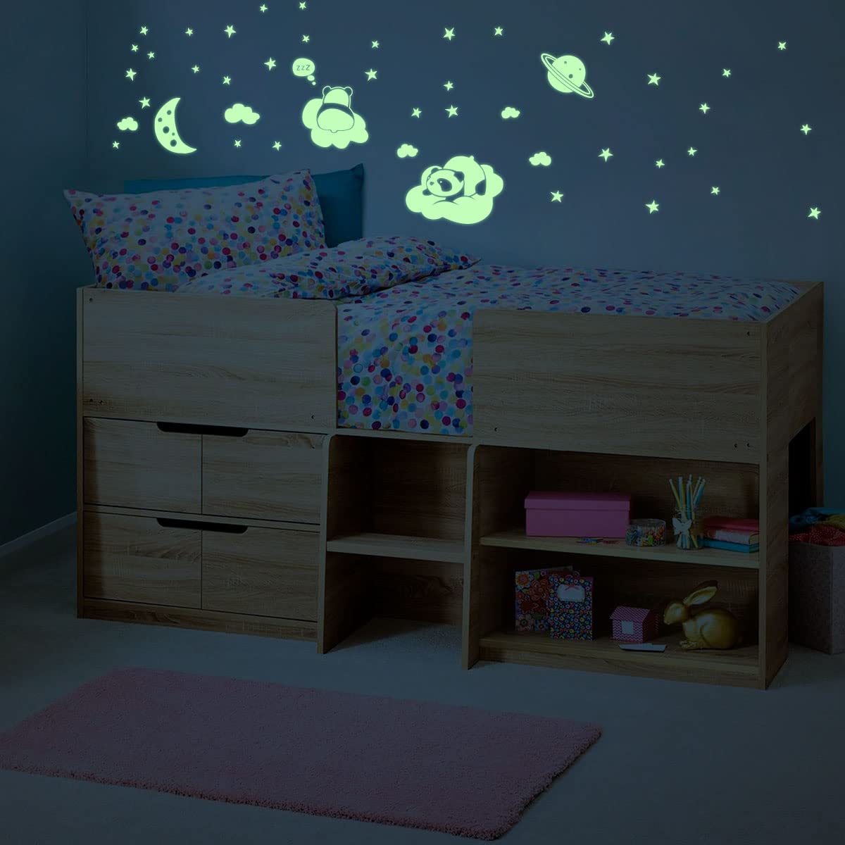 Sticker phosphorescent - Autocollant Fluorescent Lumineux Jusqu'à 5 heures de Suite - Décoration pour chambre bébé et Enfant - Adhésif Mural Fluo 50 étoiles et 2 pandas sur les nuages