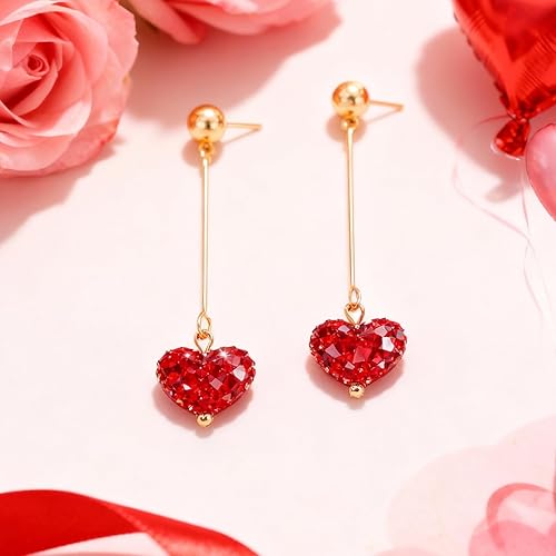 Miniatura 7 de Aretes de corazón rojo, regalos para el día de San Valentín para ella, aretes de corazón de amor con diamantes de imitación, aretes colgantes de San