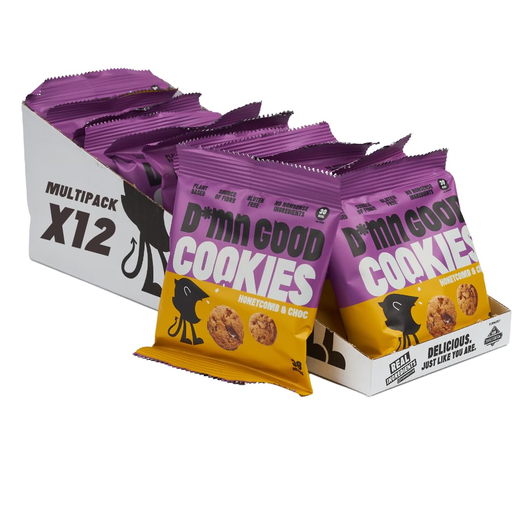 D*mn Good Mini Biscuits - Honeycomb & Chocolate Cookies - Vegan - Plant Based - Gluten Free - Dairy Free - Low Sugar - High Fibre - Natural (12 Pack)