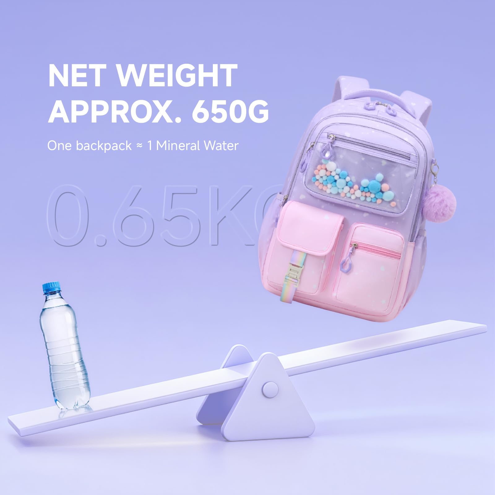 Amythe Mochila para Niñas, Mochila Escolar Niña Ergonómica con Rayas Reflexivas, Mochila Primaria Infantil de Ocio con Lindo pompón para Escuela y Viajes, 20L, Rosa-Violeta