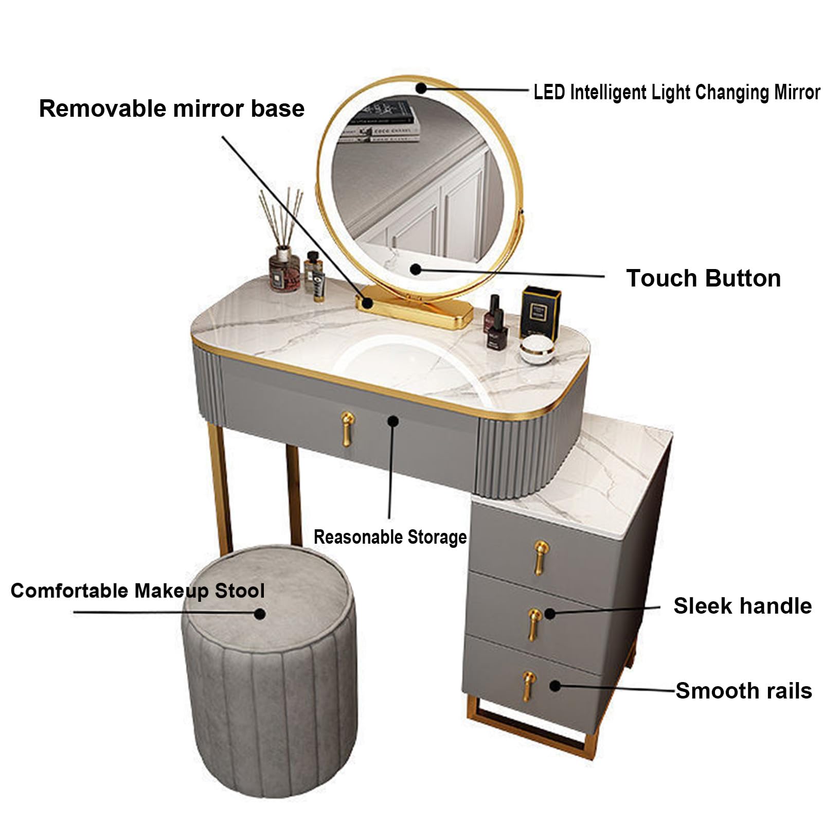 Scrivania da trucco con luci a specchio e sgabello imbottito, 4 cassetti, elegante set da toeletta per donne e ragazze, elegante trucco per accessori di bellezza