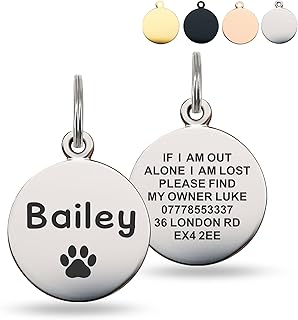 Deep Engraved Dog Tags for Pets UK Prime, Personalised Cat Dog Name ID Tags, Stainless Steel Pet Tag for Doggy Kitten Kitty Puppy, Scratch Resistant Tag (Silver Round, S)