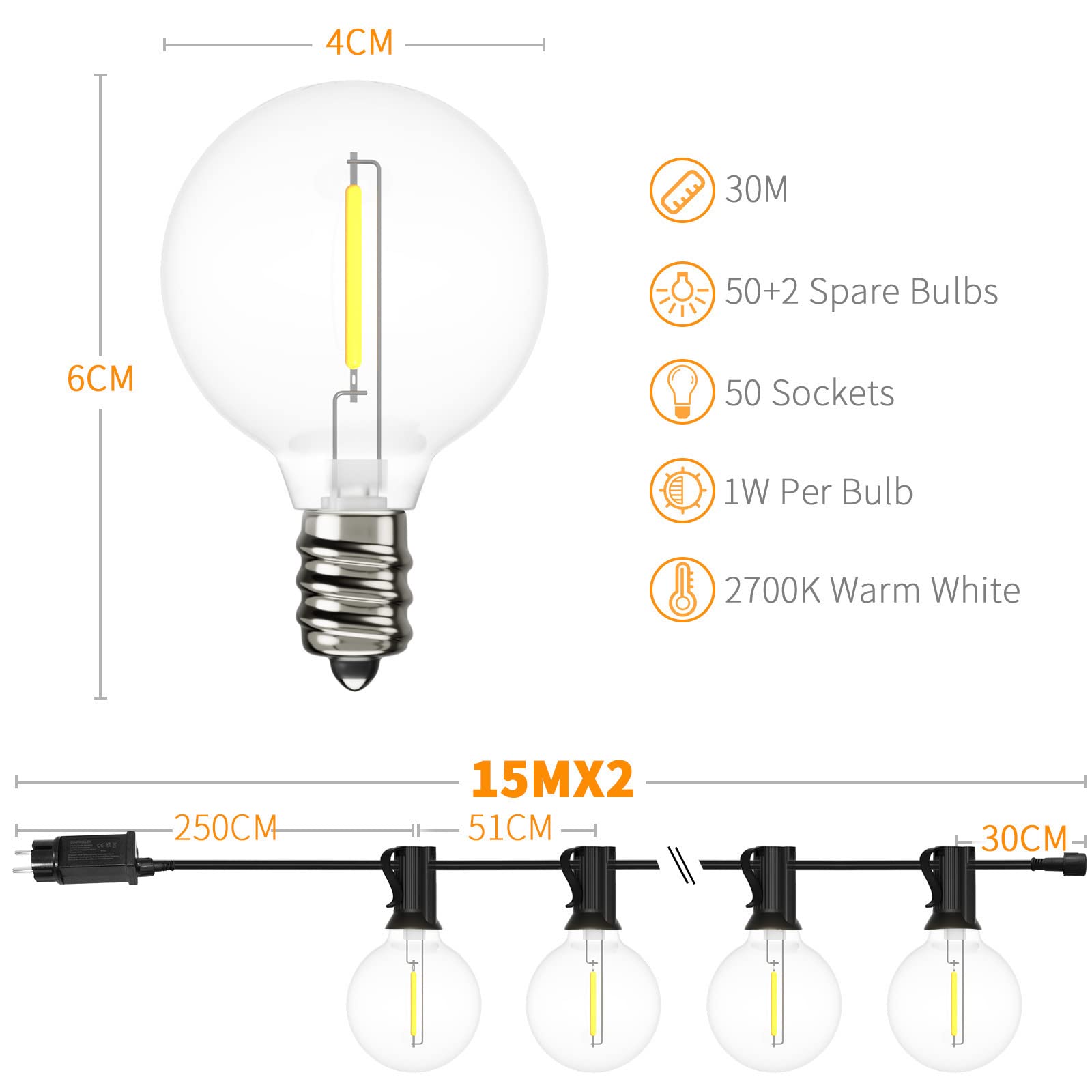 Yuucio Catena Luminosa Esterno con Telecomando, 30M Dimmerabile Catene Luminose Esterni con 52 LED Lampadine, Giardino Luci da per Festa Matrimonio Cortili Pergole(2X15M