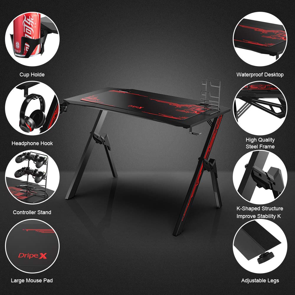 Dripex Ergonomic Gaming Desk with Large Surface,RShaped Stable Leg