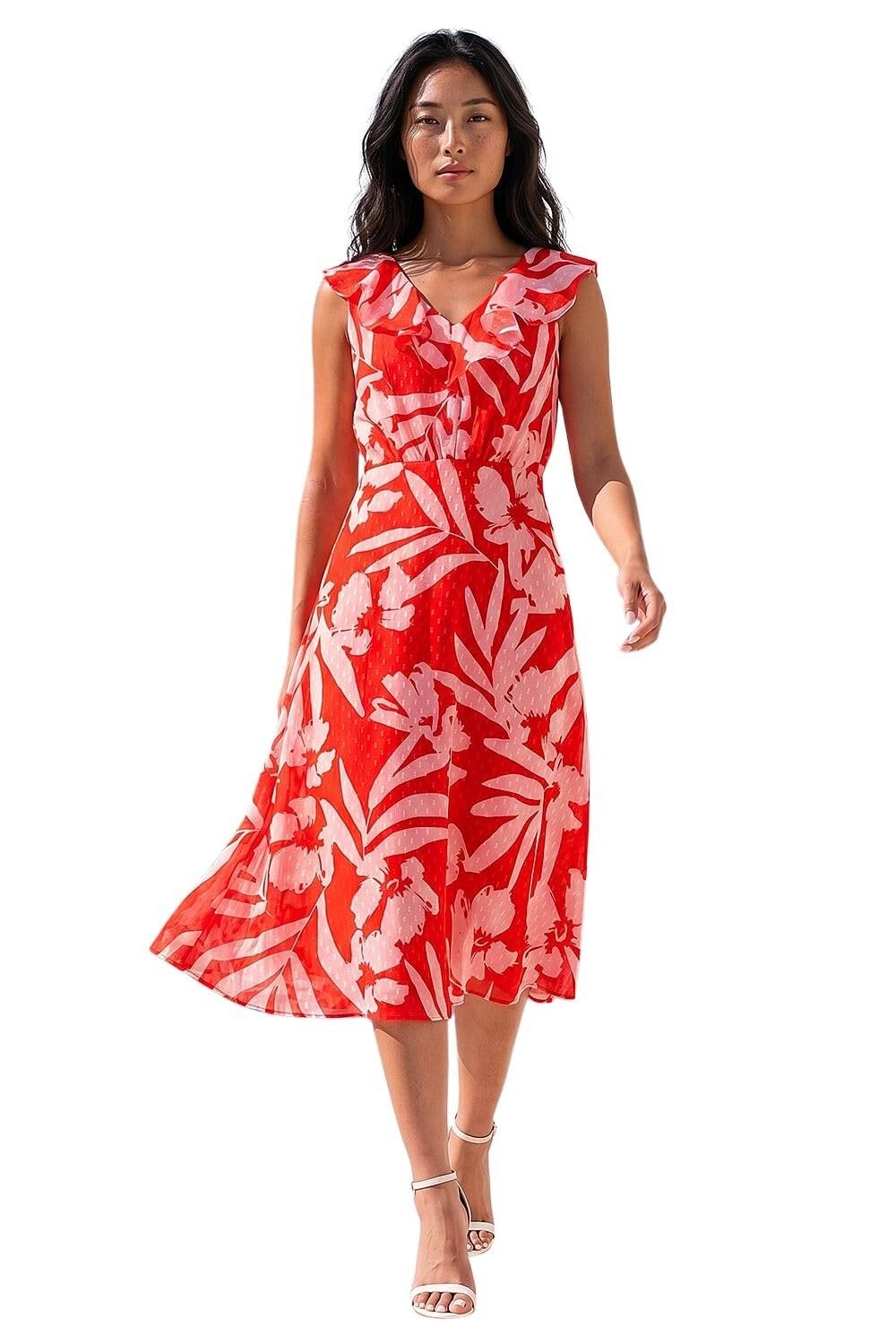 Roman Women's Red Petite Floral Frill Front Dress In Size 18