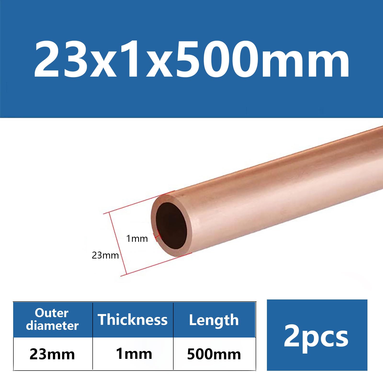 2 Piezas T2 Bobina Hueca de Tubo de Cobre sin Costura para Aire Acondicionado, Temple Duro, 21 mm, 22 mm, 23 mm, 24 mm de Espesor,23 * 1 * 500mm