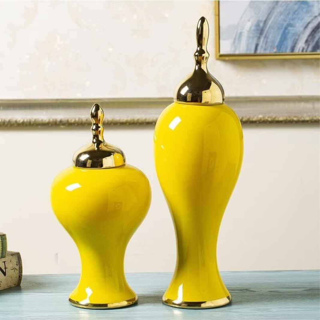 Duży ceramiczny słoik na imbir, wazon ze złotym wykończeniem, żółty porcelanowy słoik do przechowywania, wazon świątynny, słoik dekoracyjny z pokrywką, 15 * 35 cm (15 * 45 cm)
