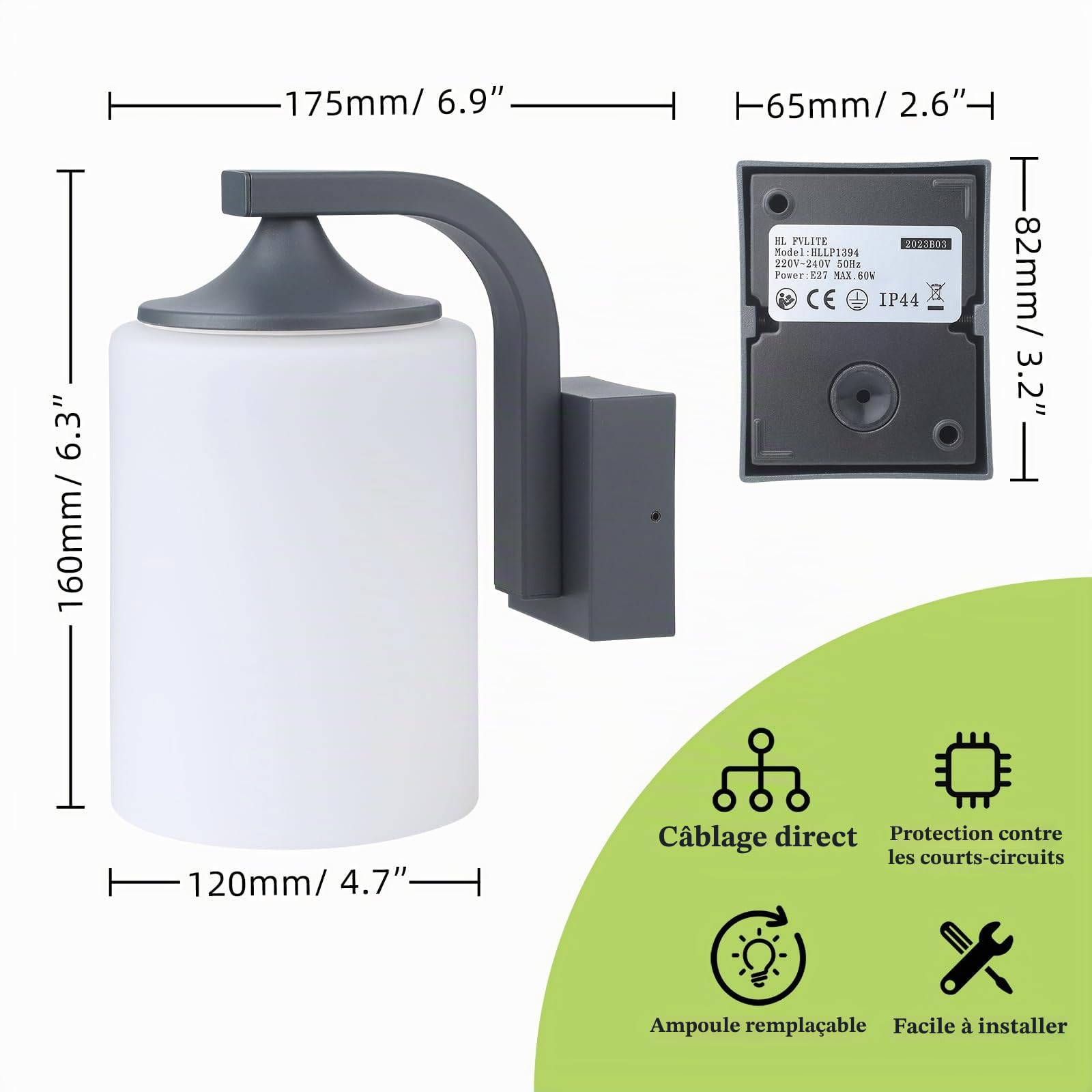 HLFVLITE Lampe Murale Extérieure, Lampe Murale Extérieure Étanche, Lumière De Porche Grise, Éclairage Mural Avec Abat - Jour Blanc Mat Et Douille E27 Pour Garage, Jardin, Terrasse