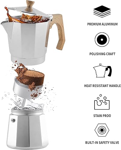 Miniatura 7 de wedrink Máquina de café expreso de aluminio para estufa, 6 tazas, cafetera cubana, cafetera moka italiana